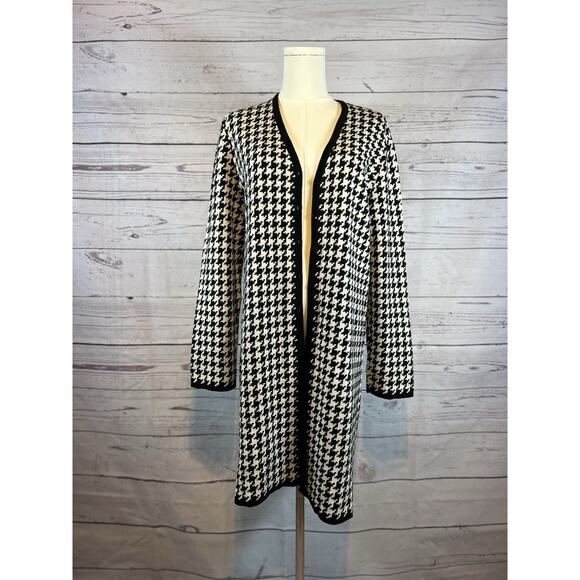 CM Collection Houndstooth Cardigan | Size M | Black & White Long Open Front - Picture 1 of 7